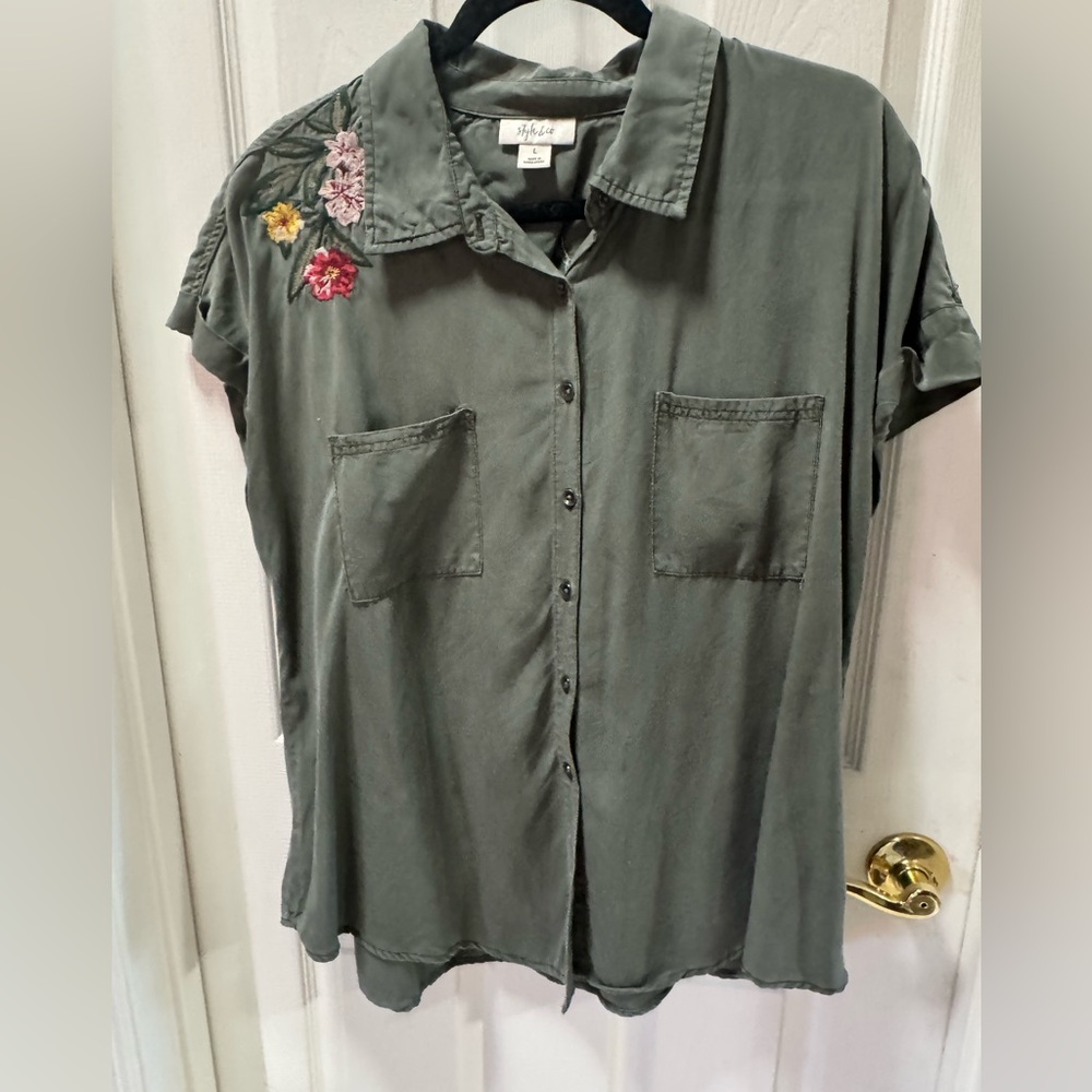 Style & Co. Olive Green Button-Front Blouse with Embroidered Florals